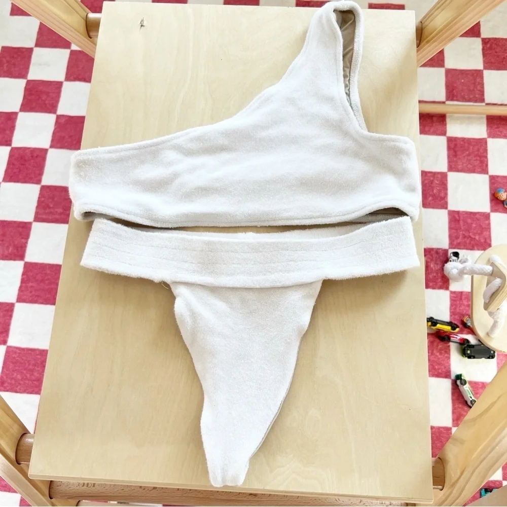 Frankies Bikinis Barb White Terry One Shoulder Top and Bottoms